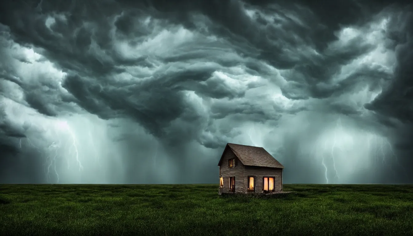 Image similar to lonely house in front lakeside, raining, storm, thunder, atmospheric, scary, claustrophobic, ambient vibe, very detailed, high resolution, 8 k