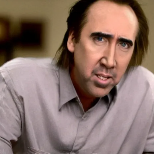 Image similar to A still of Nicholas Cage. Medium shot. He's smiling and looking into the camera.