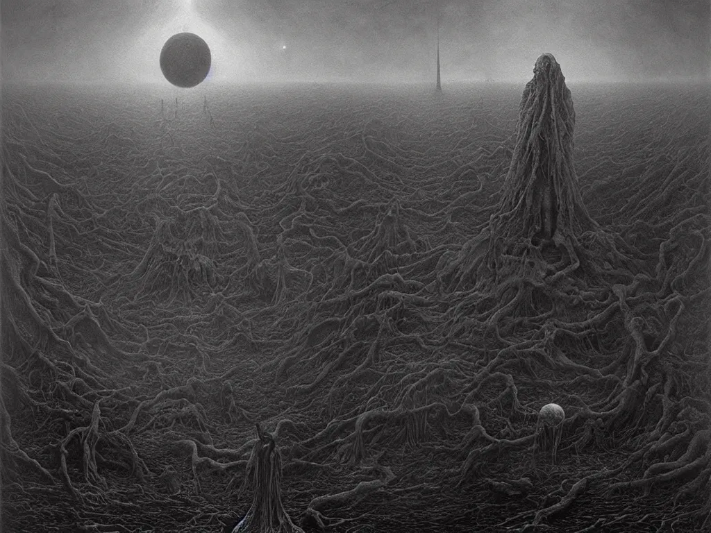 Prompt: a dark dystopian fantasy landscape, by zdzisław beksinski and hr giger, horror, epic