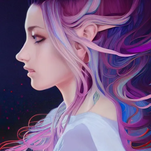 Image similar to portrait of beautiful symmetrical anime girl, rainbow hair, attractive, casual, modern, victoria's secret, highly detailed, digital painting, artstation, concept art, smooth, sharp focus, illustration, art by artgerm, greg rutkowski and alphonse mucha, 8 k,