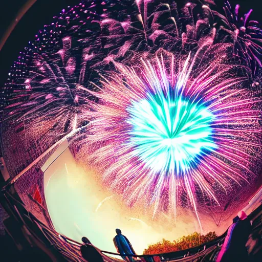 Image similar to a fireworks / human hybrid, fisheye photo