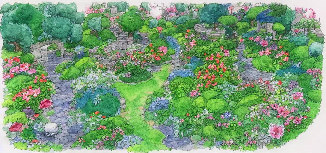 Image similar to ghibli isometric watercolor garden