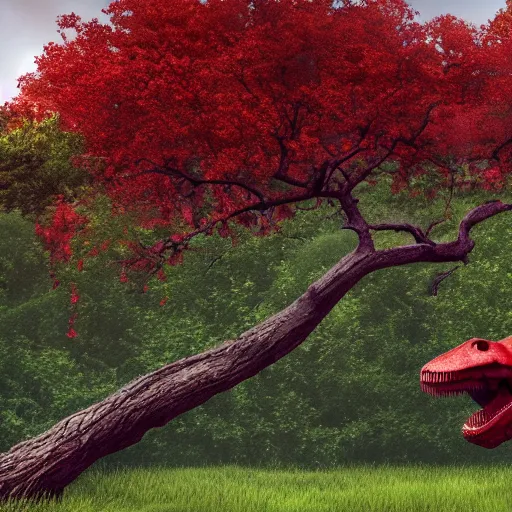 Image similar to T-Rex trying to reach Cherry tree over electric fence, cinematic, high resolution