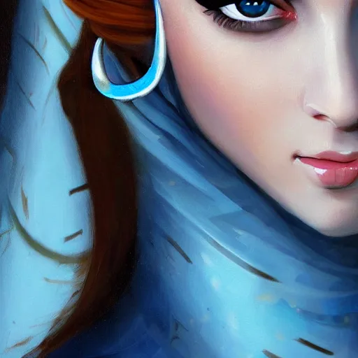 Prompt: Arab Ameera Al taweel, blue eyes, elegant, sharp focus, beautiful face, Hyper-realistic, Highly Detailed, HD, by Brom, by beeple, studio ghibli, wallpaper, highly detailed, trending on artstation