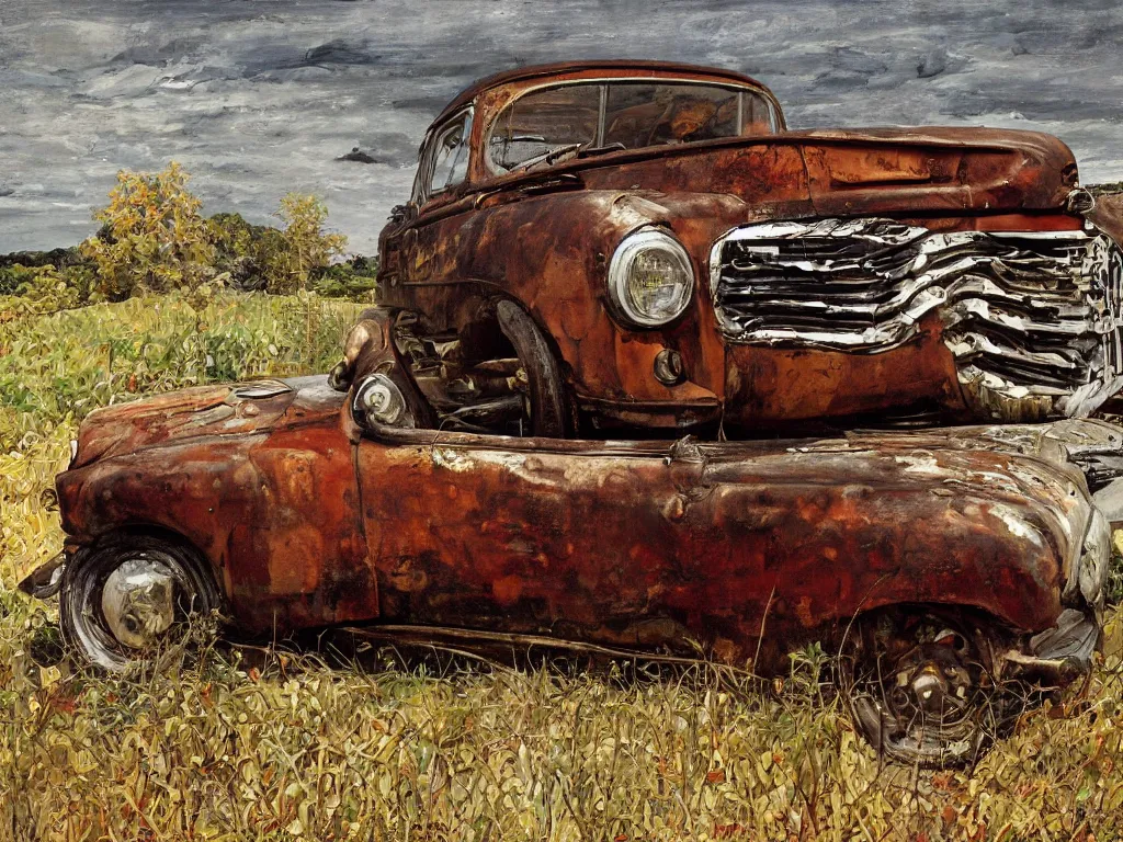 Prompt: Rusty old car. Painting by Lucian Freud.