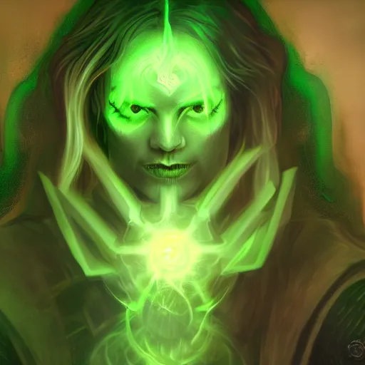 Image similar to a portrait of a necromancer, green aura ,Grim fantasy, D&D, HDR, natural light, shoulder level shot, dynamic pose, award winning photograph, Mucha style, 8k,