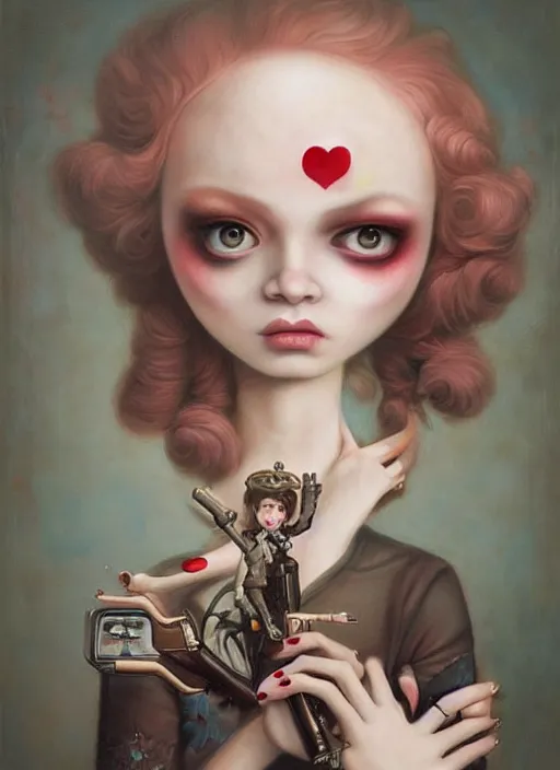 Image similar to pop surrealism, lowbrow art, realistic cute alice girl painting, holding a gun, hyper realism, muted colours, rococo, natalie shau, loreta lux, tom bagshaw, mark ryden, trevor brown style,