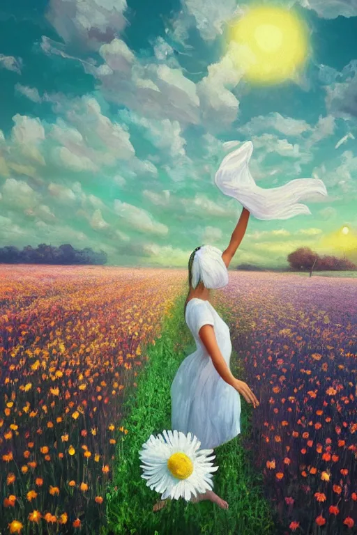 Image similar to veil of giant white daisy flower as head, girl dancing in a flower field, surreal photography, sunrise, dramatic light, impressionist painting, colorful clouds, digital painting, artstation, simon stalenhag