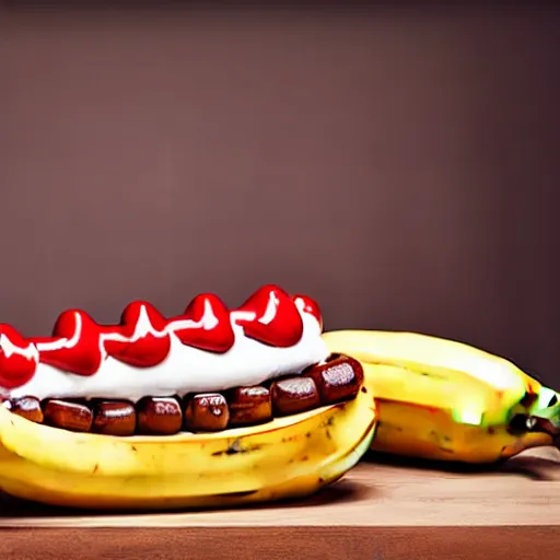 Image similar to commercial photo of a banana split with a hot dog instead of the banana, mustard, ketchup,