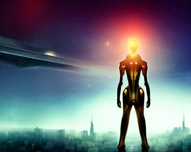 Image similar to closeup of an alien with no helmet wearing a long flowing cloth shirt over stylish large futuristic golden armor suit walking to a tall alien city with buildings and lights in the background, night sky with stars, light fog, beautiful colorful, incredible detail, anamorphic 2 0 mm lens flare