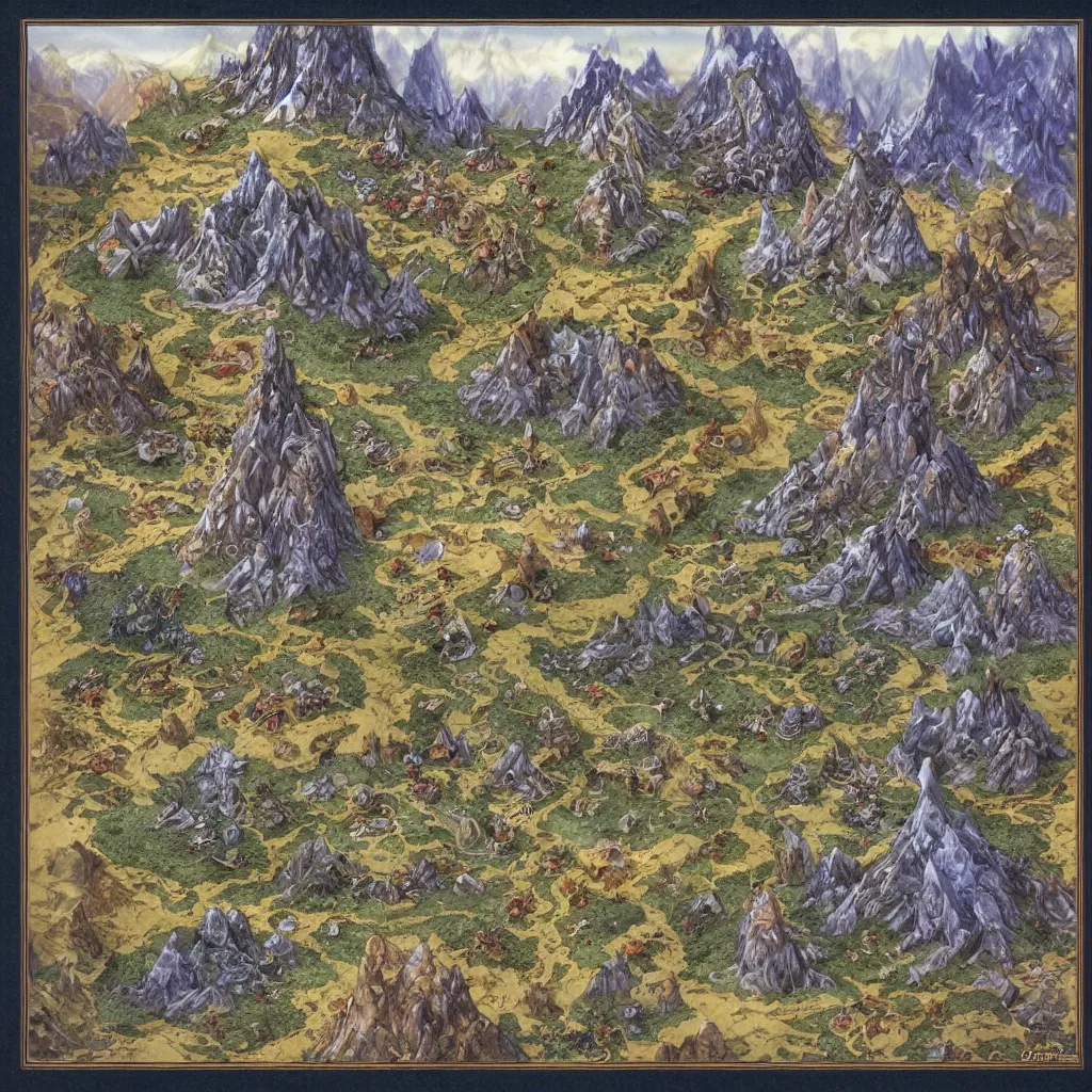 Prompt: an isometric fantasy mountain range, the land of Odrua by brian froud by jrr tolkien