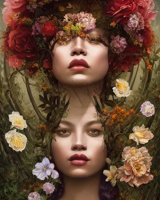 Image similar to portrait of the mulatto queen of the underworld, surrounded by flowers by karol bak, james jean, tom bagshaw, rococo, sharp focus, trending on artstation, cinematic lighting, hyper realism, octane render, 8 k, hyper detailed.