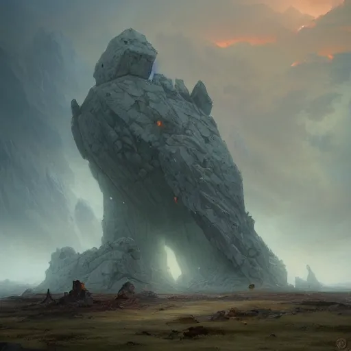 Image similar to stone colossus by grzegorz rutkowski and richard wright and peter mohrbacher, atmospheric haze, stormy, tundra, princess in foreground, large scale