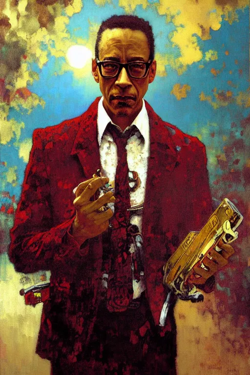 Image similar to gus fring, painting by'phil hale '!!! gaston bussiere, craig mullins, greg rutkowski, alphonse mucha