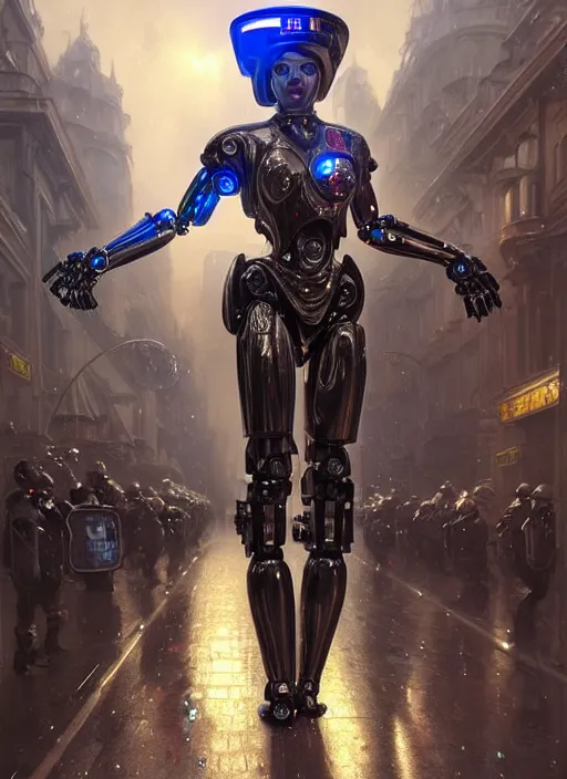 Image similar to robotic police in hood smashing people, d & d, wet, shiny, fantasy, intricate, elegant, extremely higly detailed, ultra definition, digital painting, artstation, anatomical perfection, baroque, journalism photo, unreal engine 5, concept art, smooth, sharp focus, illustration, art by artgerm and greg rutkowski and alphonse mucha