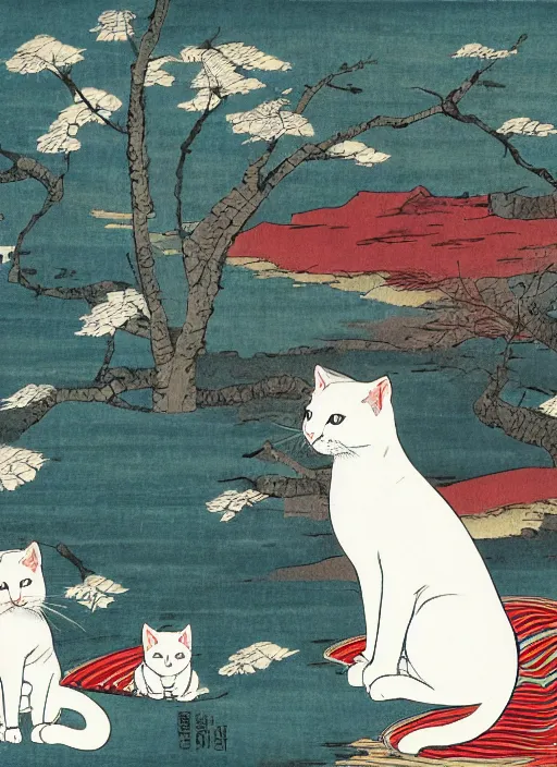 Image similar to whitecat with 2 baby white cats of utagawa hiroshige, digital painting 4 k uhd image, highly detailed