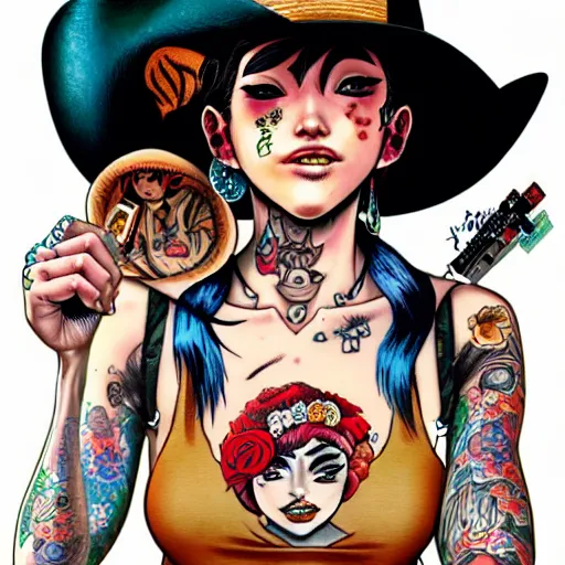 Prompt: full view of cowgirl with tattoos, wearing a cowboy hat, style of yoshii chie and hikari shimoda and martine johanna and will eisner, highly detailed