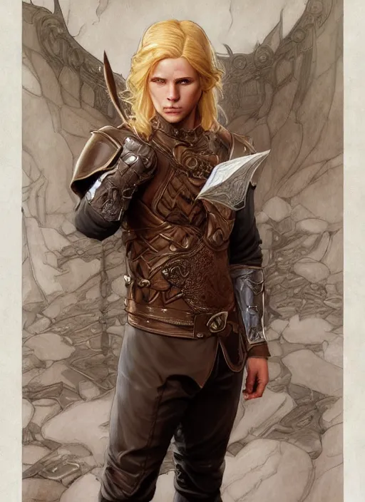 Prompt: an epic fantasy comic book style full body portrait painting of a young blonde boy who is over confident, wearing plain brown leather thief clothes, d & d, fantasy, intricate, elegant, highly detailed, digital painting, artstation, concept art, matte, sharp focus, illustration, art by artgerm and greg rutkowski and alphonse mucha