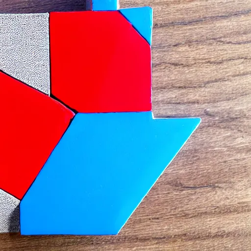 Image similar to A red block on a blue block on a table