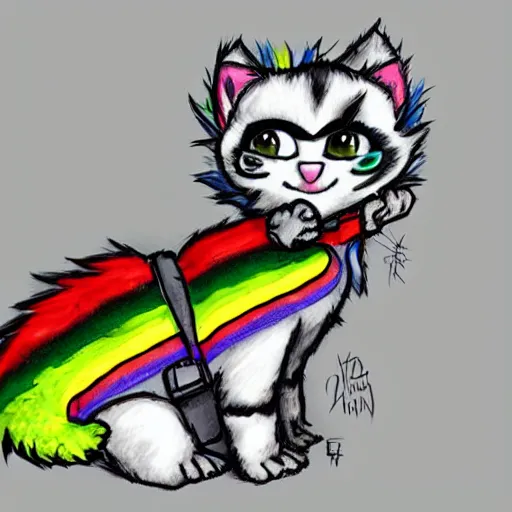 Image similar to wide angle full body, of a fluffy cute rainbow kitten wearing a black motorcycle jacket, concept art