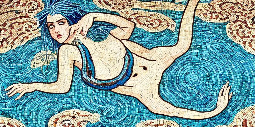 Image similar to ancient roman mosaic of bluehair mermaid with a shell bikini on sea floor, illustration by moebius, victo ngai, clean thick line, mosaic style