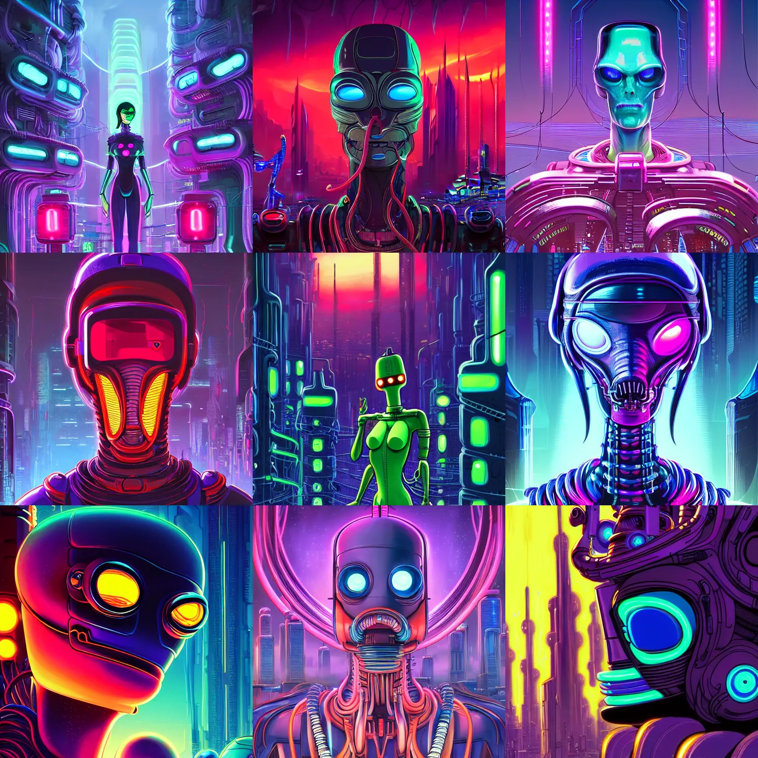 Image similar to portrait bender from futurama inside an scifi tentacles wires futuristic city, beautiful neon cats, cinematic, highly detailed, photorealistic, rich bright colors, trending on artstation, giger, tsutomu nihei, trending on cgsociety, awe inspiring bruce pennington cityscape, digital art painting of 1 9 6 0 s