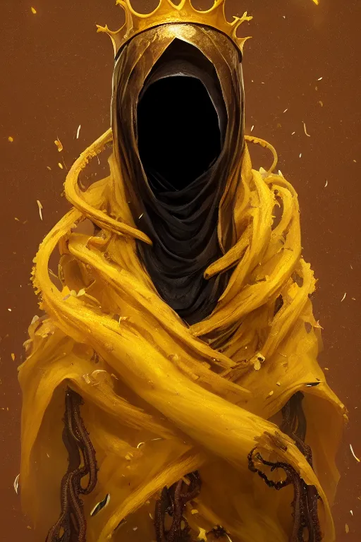 Image similar to A full body portrait of a mysterious character with no face with a very long hooded yellow cloak, a golden crown floating above his head tentacles coming out the ground art by Maciej Kuciara and Jason Chan, ominous, cosmic horror, trending on artstation, Ultra detailed, hyper realistic 4k