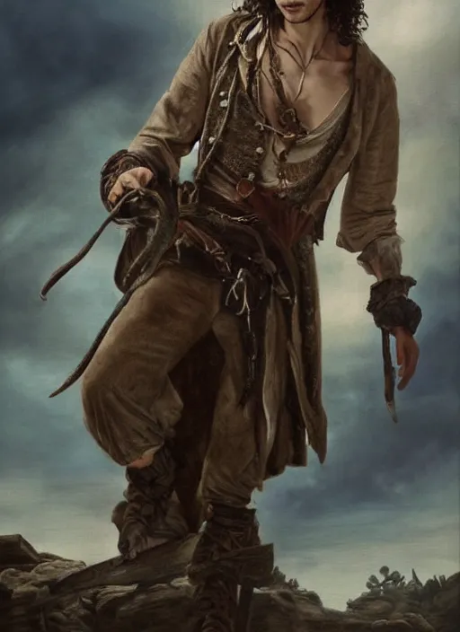 Prompt: a beautiful painting portrait of Robert Sheehan in Pirates of the Carribean 6, matte painting, fantasy art, dark but detailed digital art, highly detailed, a masterpiece trending on artstation. Robert Sheehan as a young but messy pirate and layabout