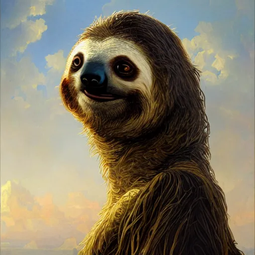 Image similar to Portrait of a Sloth as a Pirate, photo, highly detailed oil painting, photorealistic, highly detailed, digital painting, artstation, concept art, smooth, sharp focus, illustration, art by artgerm and greg rutkowski and alphonse mucha