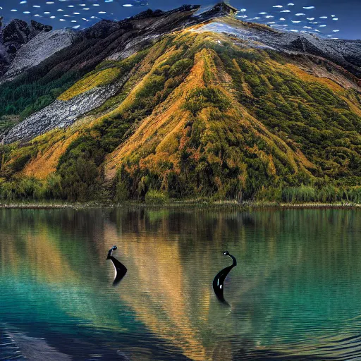 Prompt: photo of two black swans swimming in a beautiful reflective mountain lake, touching heads, forming a heart with their necks, a hot air balloon flying above the swans , granular detail, hot air balloon, intricate, portrait, 8k highly professionally detailed, HDR, CGsociety, octane render, 4k, f32,55mm photography, wide angle