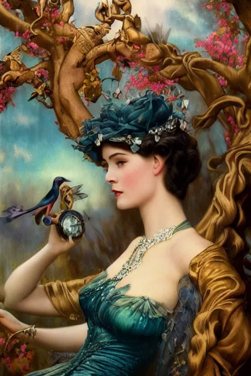 Image similar to A young and extremely beautiful Grace Kelly explaining the birds and the bees by Tom Bagshaw in the style of a modern Gaston Bussière, art nouveau, art deco, surrealism. Extremely lush detail. Melancholic night scene. Perfect composition and lighting. Profoundly surreal. High-contrast lush surrealistic photorealism. Sultry and mischievous expression on her face.