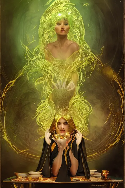 Image similar to a beautiful sorceress wearing a black robe with gold embroidery, sitting at table, casting a spell, green glows, painted by artgerm and tom bagshaw and alphonse mucha, in the style of magic the gathering, highly detailed digital art