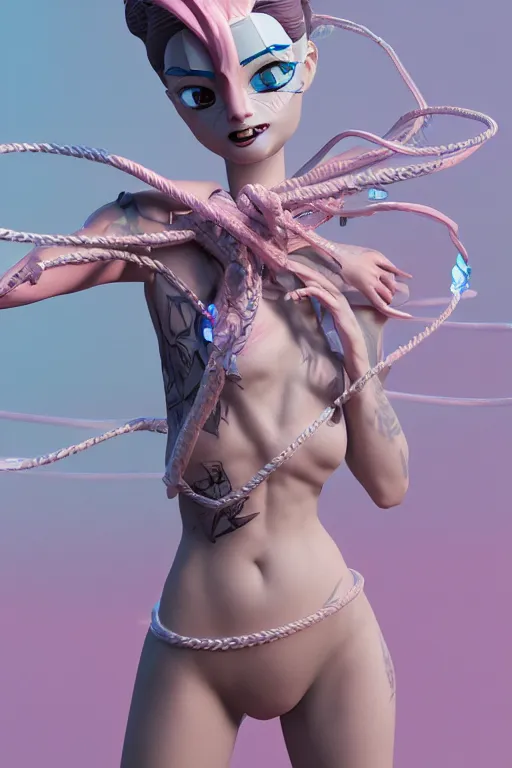 Prompt: an epic non - binary model, subject made of white mesh rope, with cerulean and pastel pink bubbles bursting out, delicate, beautiful, intricate, melting into sylveon, houdini sidefx, by jeremy mann and ilya kuvshinov, jamie hewlett and ayami kojima, trending on artstation, bold 3 d