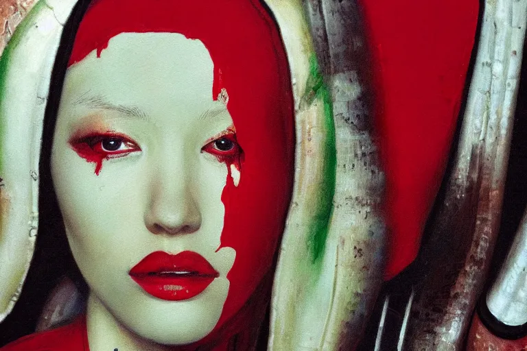 Prompt: hyperrealism oil painting, close-up portrait of nun fashion model, melted cyborg, red paint pattern mixed with tropical plants, in style of classicism mixed with 70s japan book art