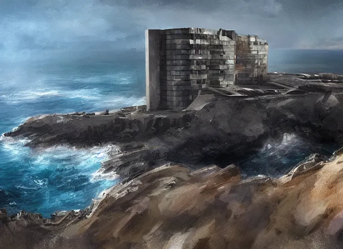 Image similar to villain brutalist big base of james bond, coastal perched on a cliff overlooking a magnificient bay, concept art oil painting by jama jurabaev, extremely detailed, hard brush, stroke brush, artstation