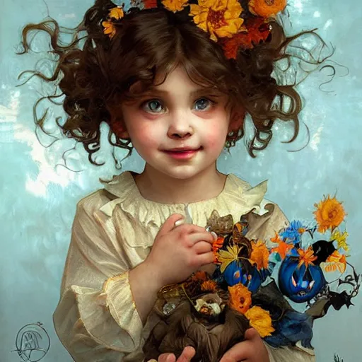 Prompt: a cute happy little girl with light brown wavy curly hair and blue eyes sitting amidst piles of halloween decorations. beautiful cute highly detailed face. halloween themed painting by artgerm and greg rutkowski and alphonse mucha.