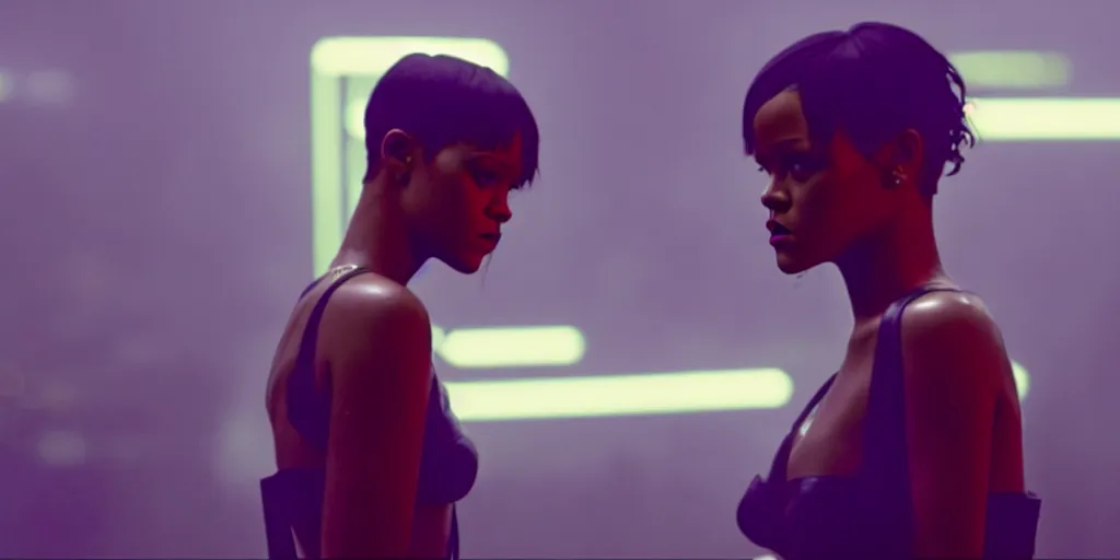 Image similar to film still of rihanna in blade runner 2 0 4 9, wearing clothes, cinematic, moody, gritty neon noir