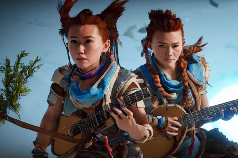 Image similar to cinematic picture of aloy from the horizon zero dawn videogame playing the guitar in the international space station