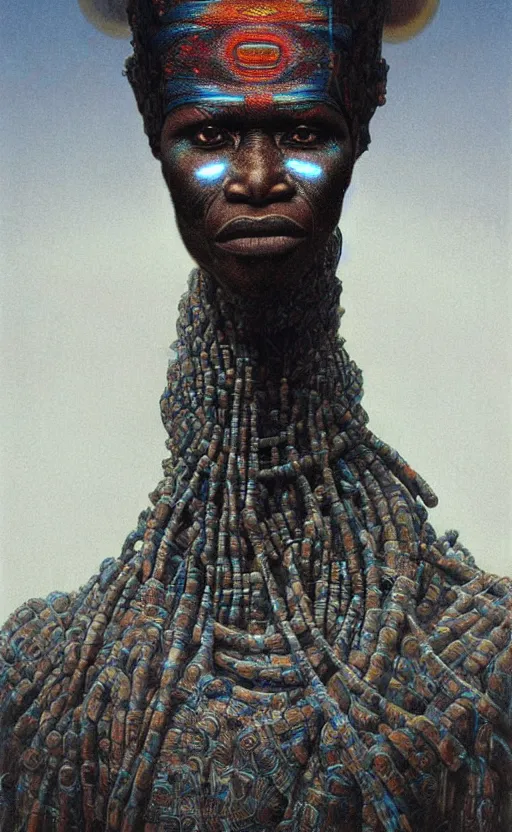 Image similar to portrait of african tribal chief wearing futuristic technology, insibidi symbols, symmetrical, dramatic lighting, art by zdzislaw beksinski,