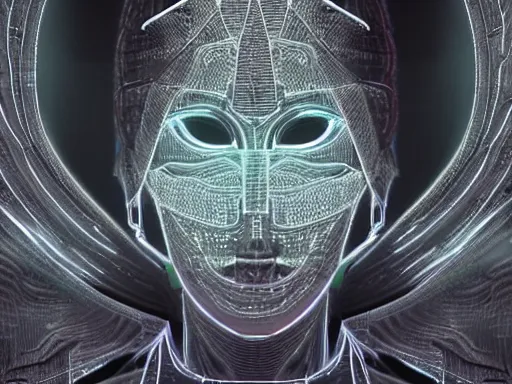 Image similar to a gray faceless figure, ascended, robot wizard, NPC with a saint\'s halo, saintly halo behind their head made of neon filigree, consulting the cyber oracle of all knowledge, at the end of time, in an esoteric ritual exchange of physical code, 8k, 4k, unreal 5, DAZ, trending on artstation, octane render, abstract painting, bright blue future