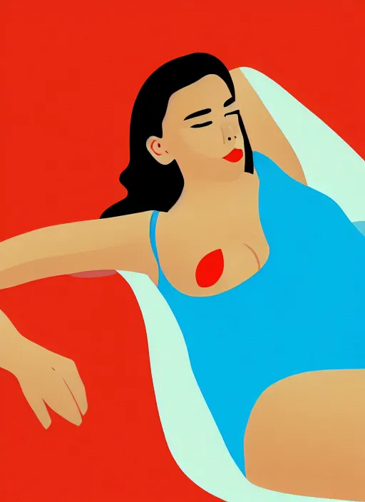 Prompt: portrait of a girl, in retro swimsuit, lying by the pool, minimalist illustration, flat colors, contrasting shadows art by anri matiss, maria medem, roberts rurans