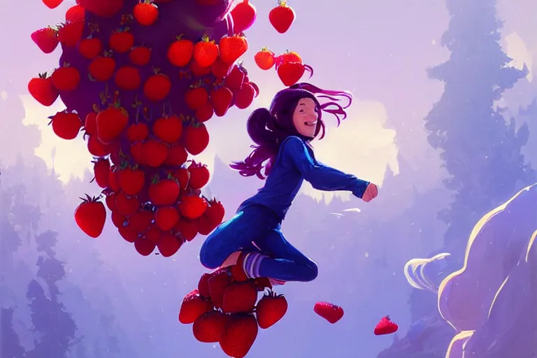 Image similar to madeline from celeste jumping to a big strawberry, ( ( ( blue bubble jacket ) ) ) ( ( ( red long hair ) ) ), highly detailed, digital painting, artstation, concept art, sharp focus, illustration, art by greg rutkowski and alphonse mucha