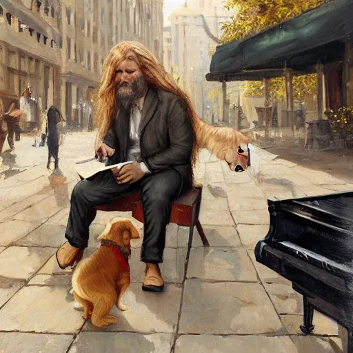 Image similar to oil painting of a young man with long hair blond and a beard hippie style with his golden retrever dog playing piano in the square for money, people watching around, by greg rutkowski, artstation