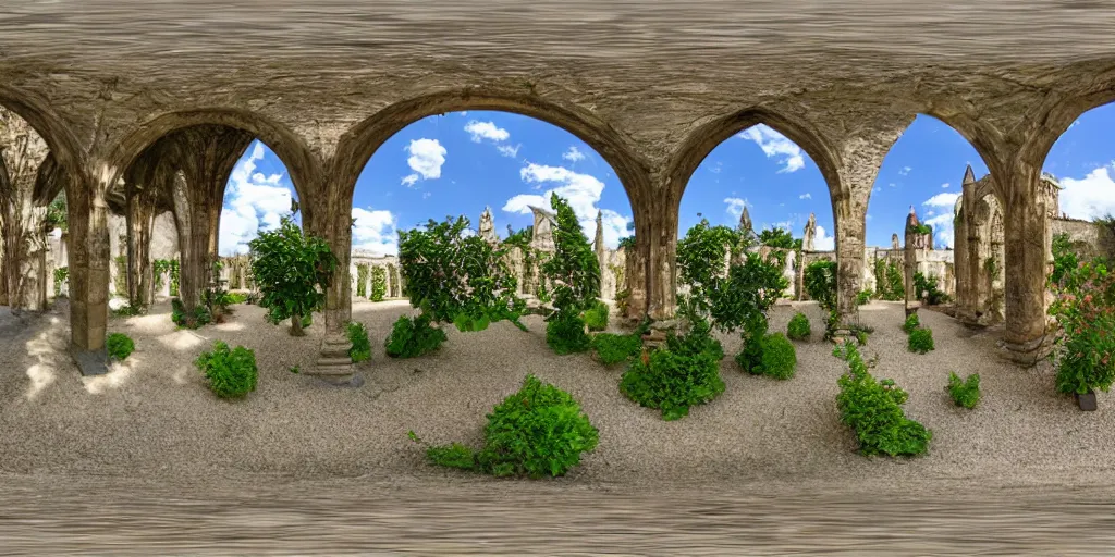 Prompt: high quality 360° image in equirectangular projection of a cloister of a monastery with some fruit trees