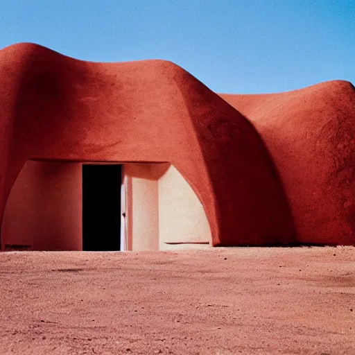 Image similar to a man sitting outside a Non-Euclidean orb-like clay house sitting in the desert, vintage photo, beautiful cinematography, blue sky, film grain, extreme wide shot, far away, James Turrell