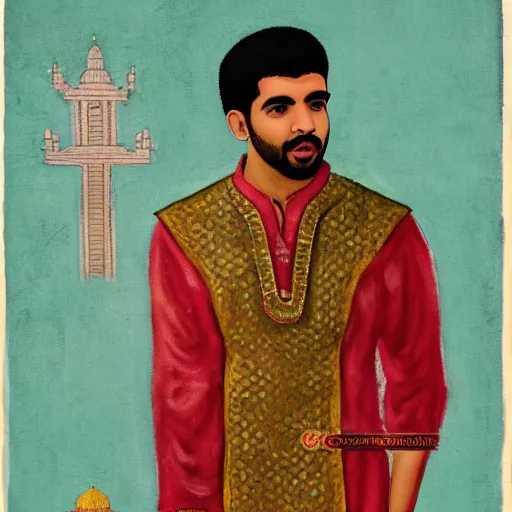 Image similar to drake, hindu temple scene, wearing a silk kurta, flat lighting