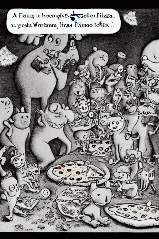 Image similar to a funeral for a pizza, by maurice sendak