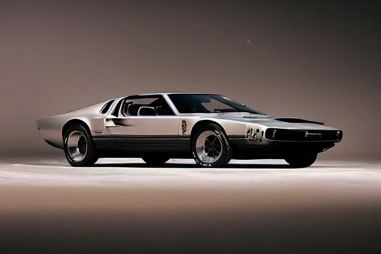 Image similar to designed by john delorean stylized poser of a single 1 9 6 9 fastback mustang ( mk 2 ford gt 4 0 ) delorean, large led lights, ektachrome photograph, volumetric lighting, f 8 aperture, cinematic eastman 5 3 8 4 film