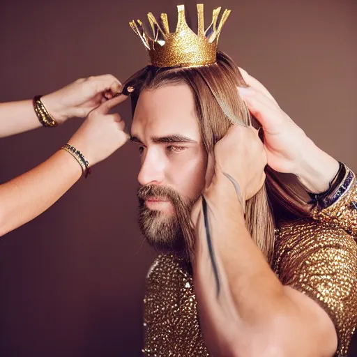 Prompt: handsome man with shiny and silky long hair getting hair styled by the hair queen wearing a golden crown studded with diamonds, cannon studio lens