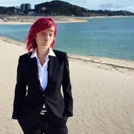 Prompt: Tomboy in a punk business suit at the beach